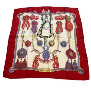 Vintage Hermes Frontaux Et Cocardes Equestrian Motif Multicolor Silk Large Scarf